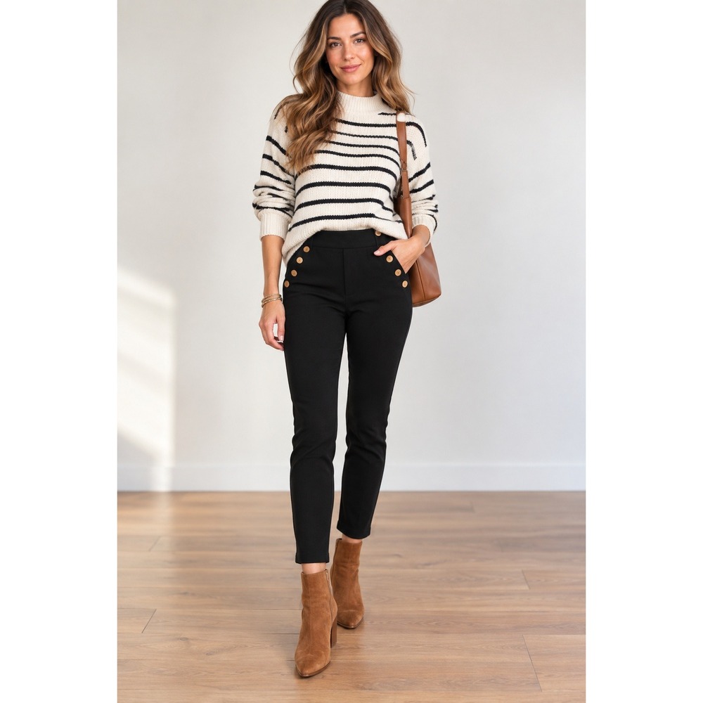 Classic Concepts Black Sailor Pants Gold Button Ponte Knit Trousers XL